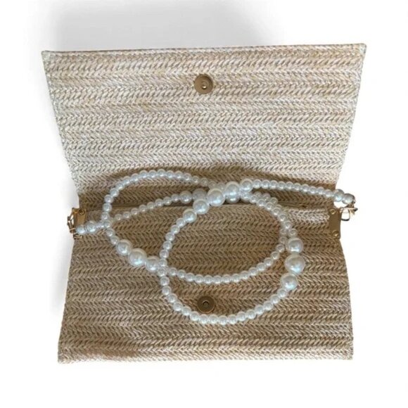 NWT Christian Dior Beauty Raffia Straw Pouch Bag Pearl Chain Novelty GWP - Picture 5 of 7